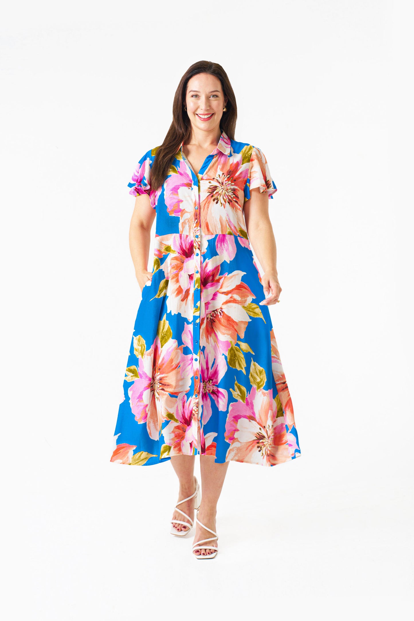Ela Midi Dress in Blue Floral Print