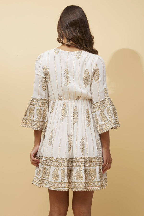 Geeta Foil Print Mini Dress in Paisley Print Black