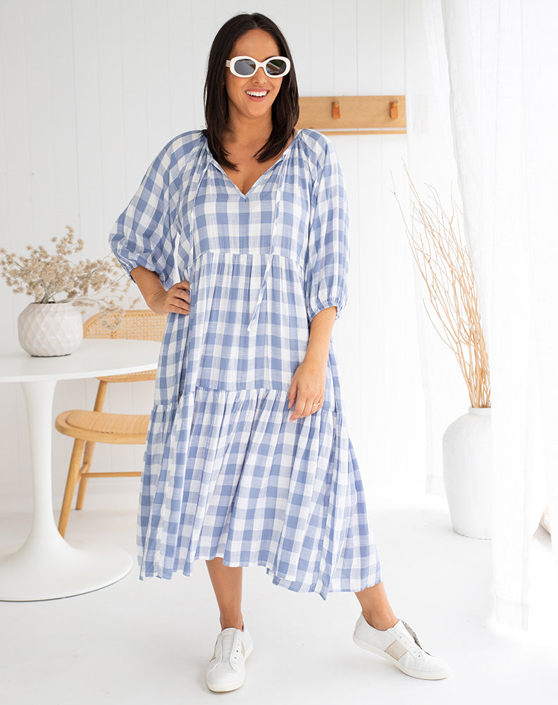 Amber Dress in Gingham Blue