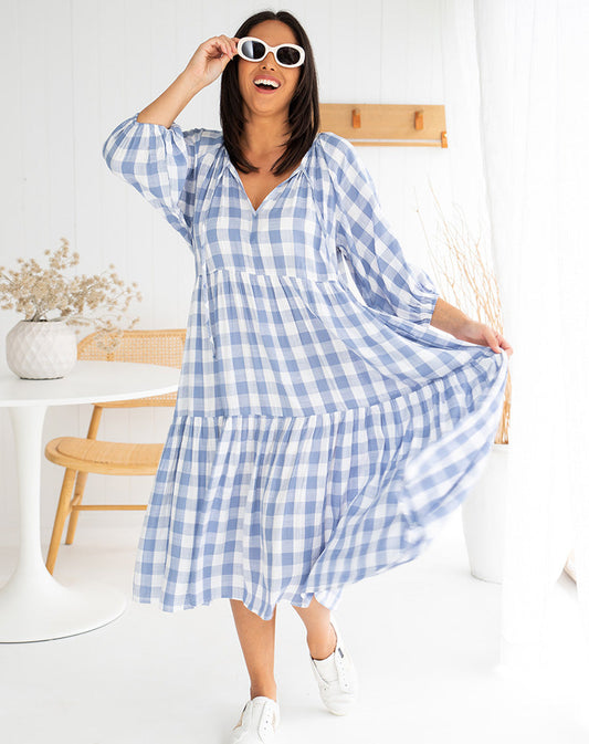 Amber Dress in Gingham Blue