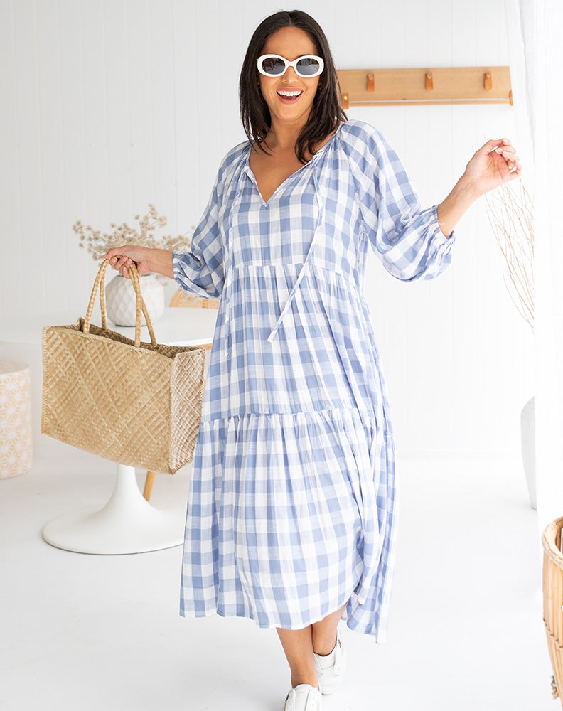 Amber Dress in Gingham Blue