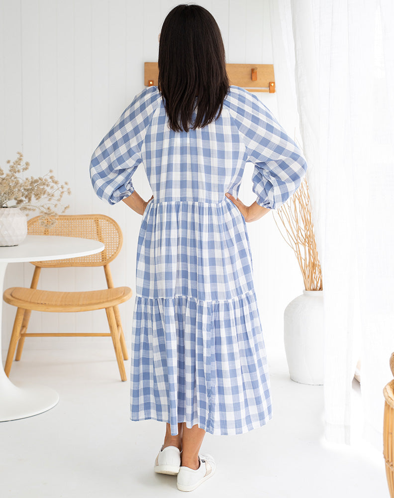 Amber Dress in Gingham Blue