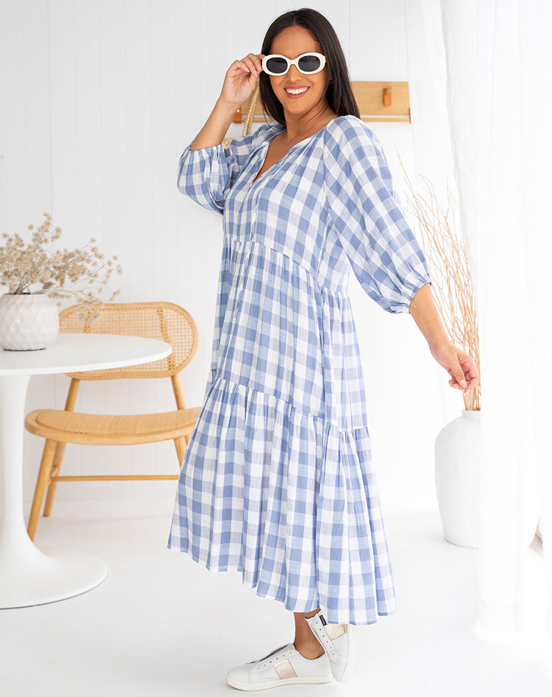 Amber Dress in Gingham Blue