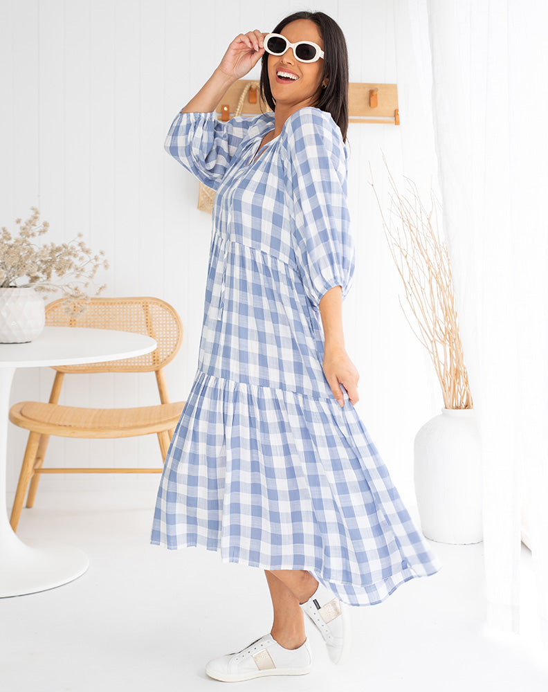 Amber Dress in Gingham Blue