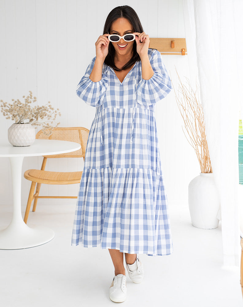 Amber Dress in Gingham Blue