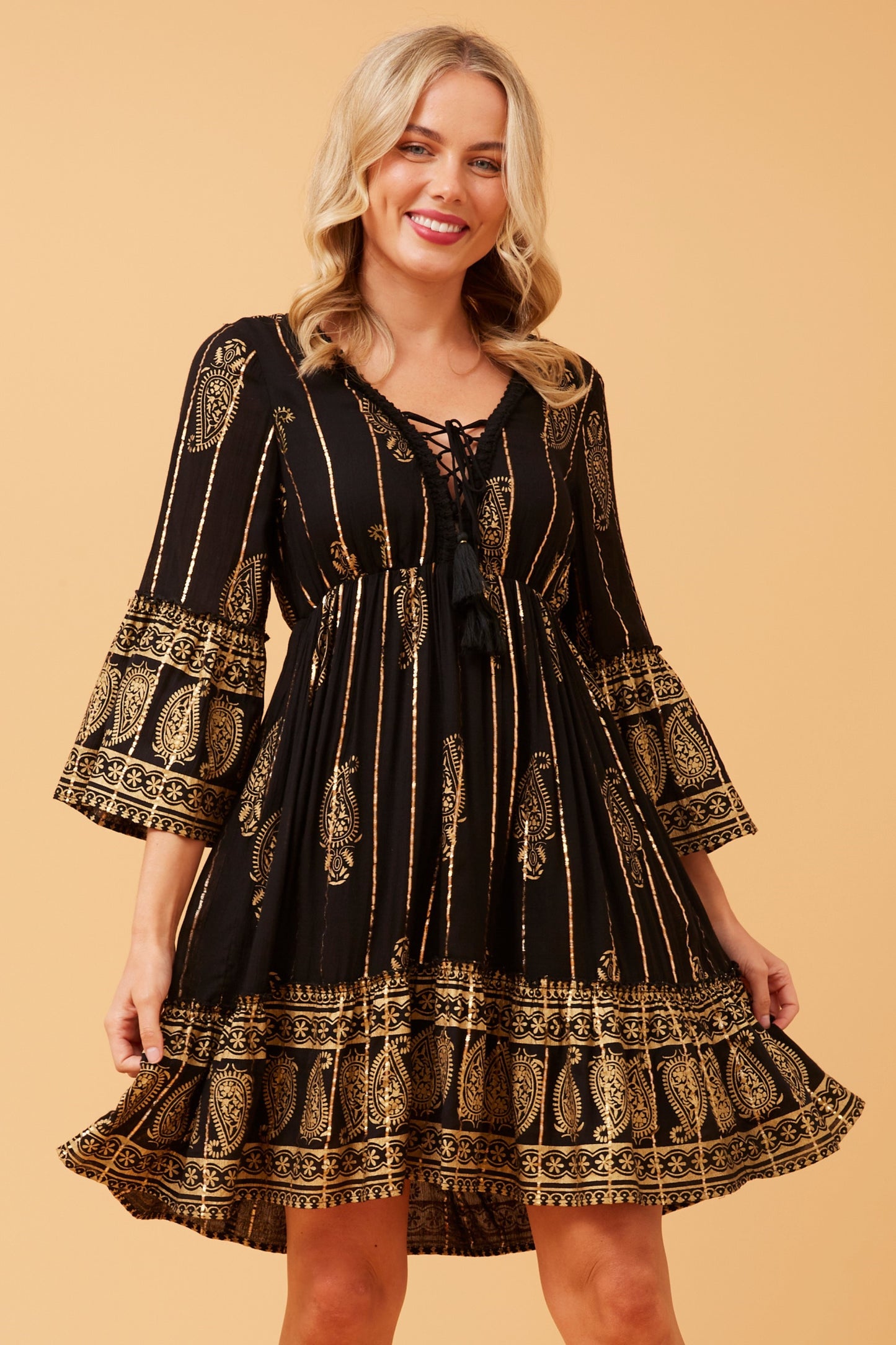 Geeta Foil Print Mini Dress in Paisley Print Black