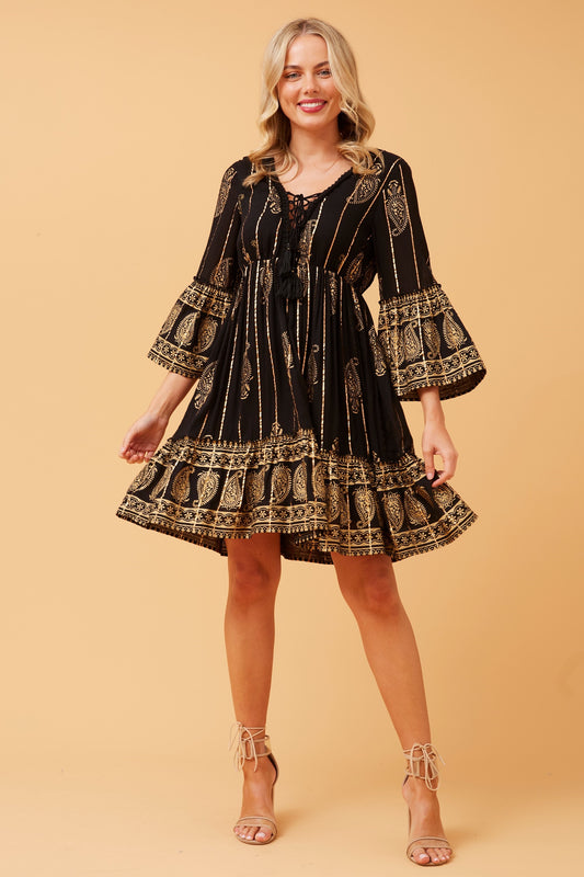 Geeta Foil Print Mini Dress in Paisley Print Black