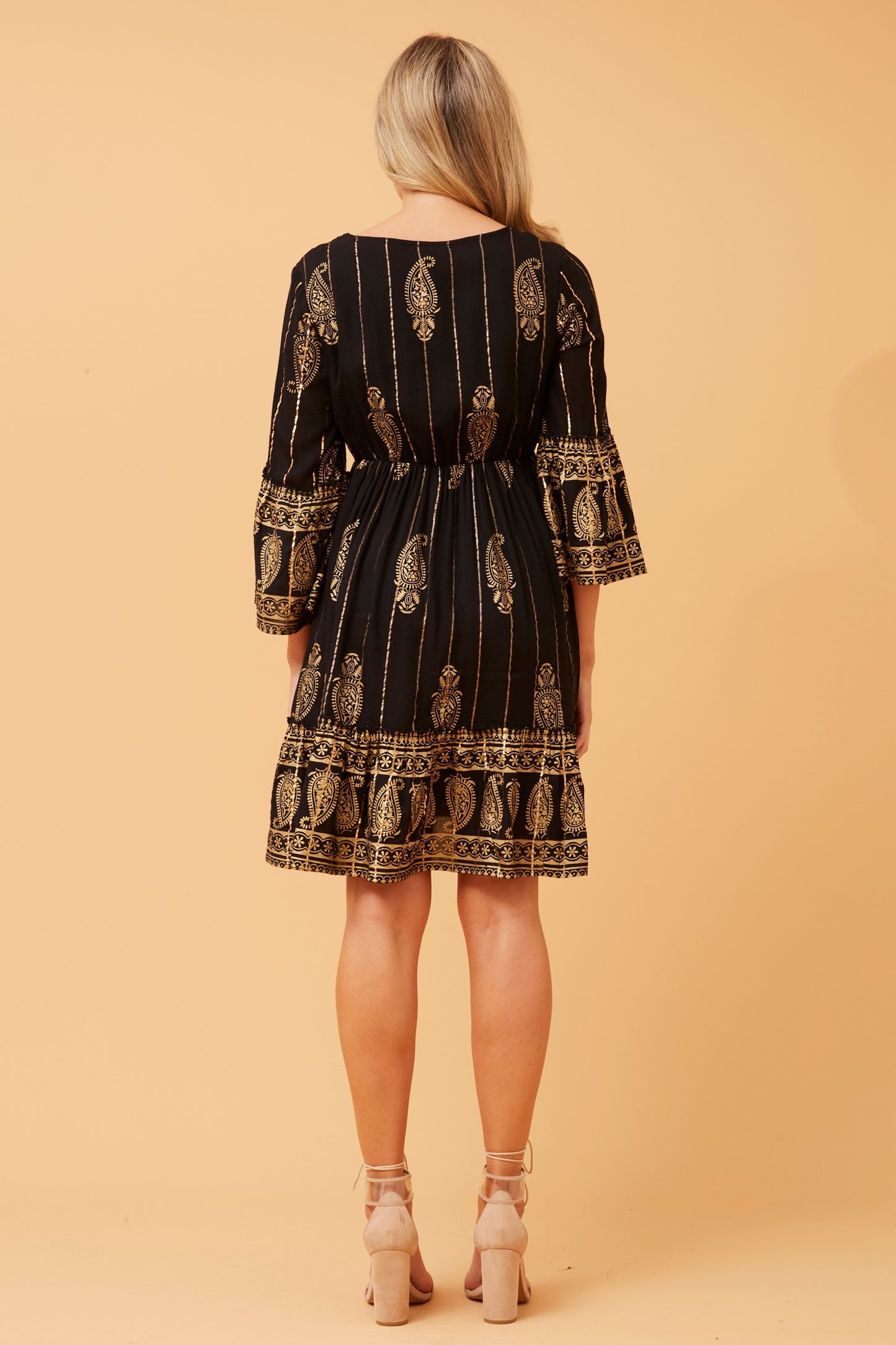 Geeta Foil Print Mini Dress in Paisley Print Black