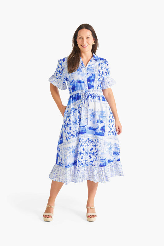 Coastal Blue Midi Dress in Blue Mosaic Print