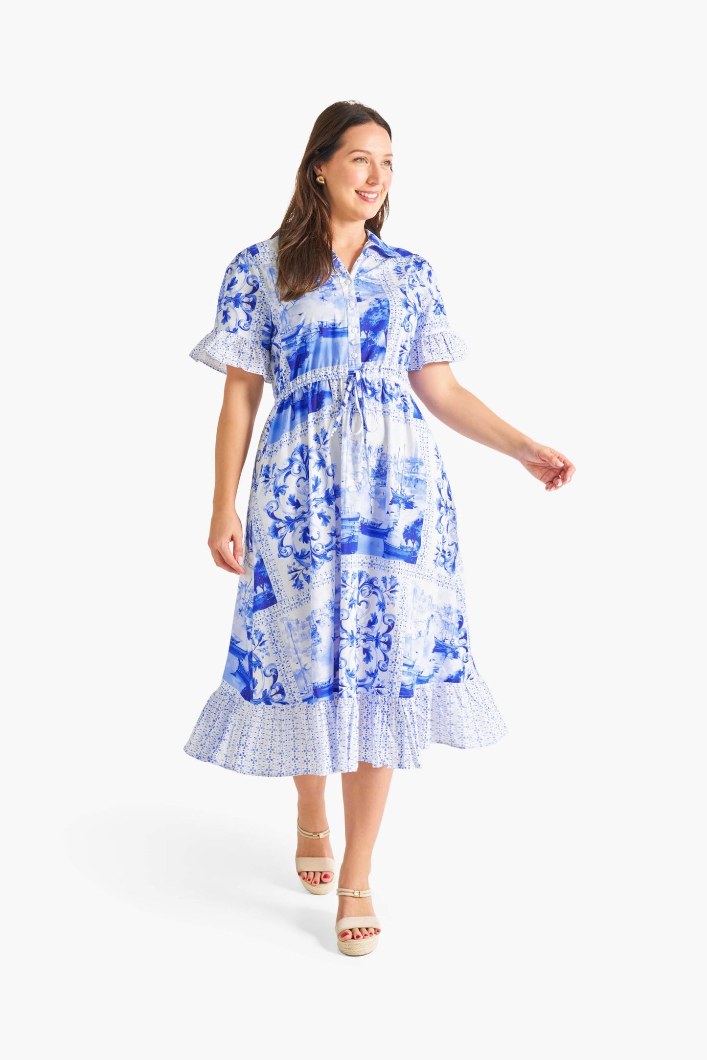 Coastal Blue Midi Dress in Blue Mosaic Print