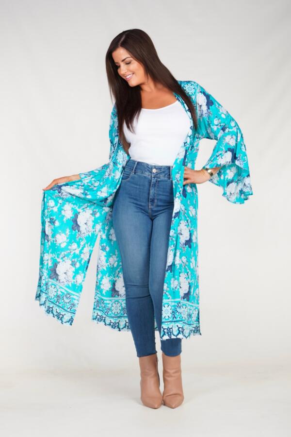 Long Kimono in Iris Blue Green