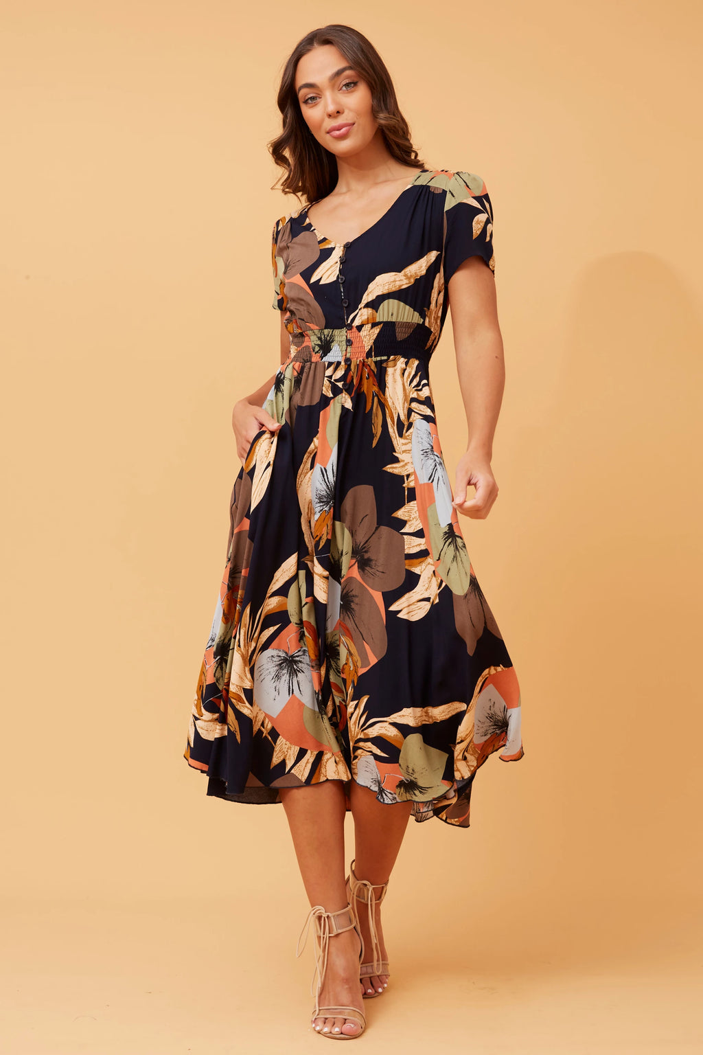 Kegan Floral Midi Dress in Multi Navy