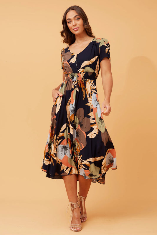 Kegan Floral Midi Dress in Multi Navy